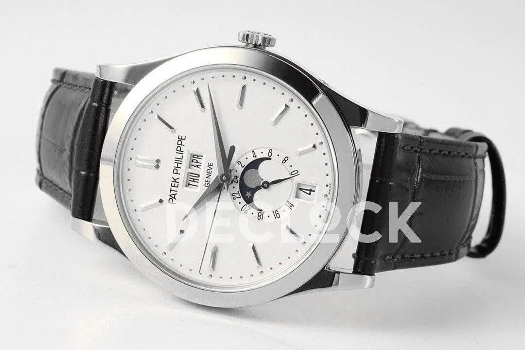 Replica Pattek Philippe Annual Calendar Moonphase 5396 White Dial on Black Leather Strap |  Declock.