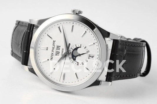 Replica Pattek Philippe Annual Calendar Moonphase 5396 White Dial on Black Leather Strap | Declock.