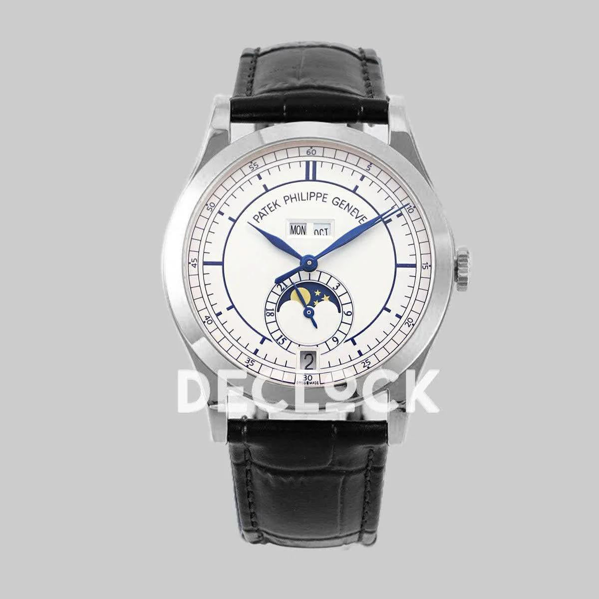Replica Pattek Philippe Annual Calendar Moonphase 5396 White/Blue Dial on Black Leather Strap |  Declock.