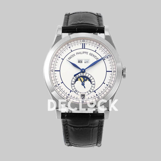 Replica Pattek Philippe Annual Calendar Moonphase 5396 White/Blue Dial on Black Leather Strap |  Declock.