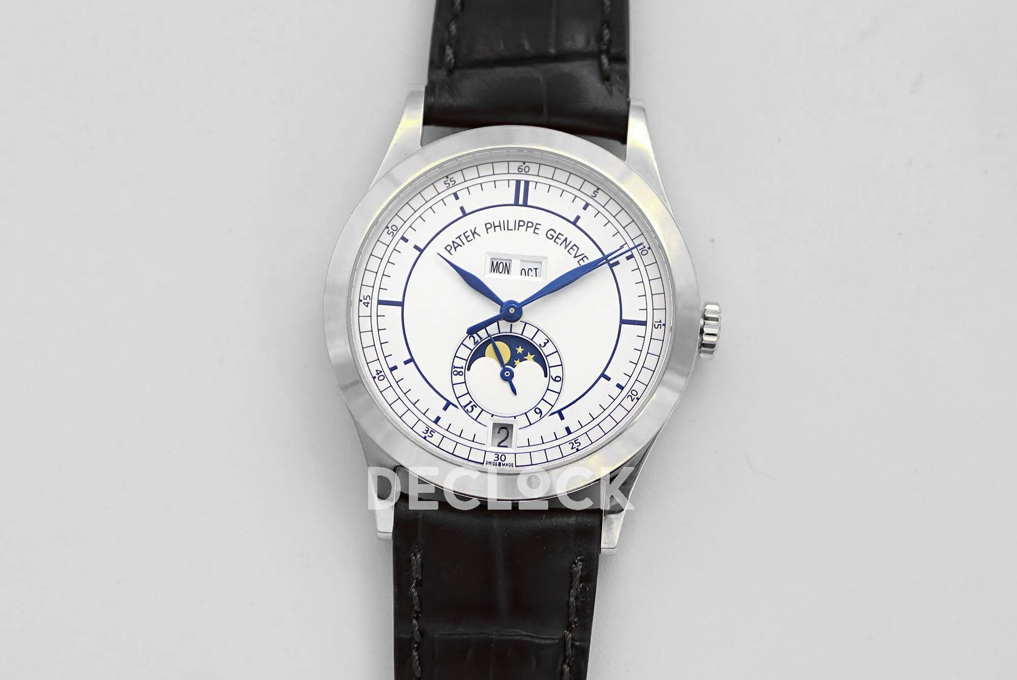 Replica Pattek Philippe Annual Calendar Moonphase 5396 White/Blue Dial on Black Leather Strap