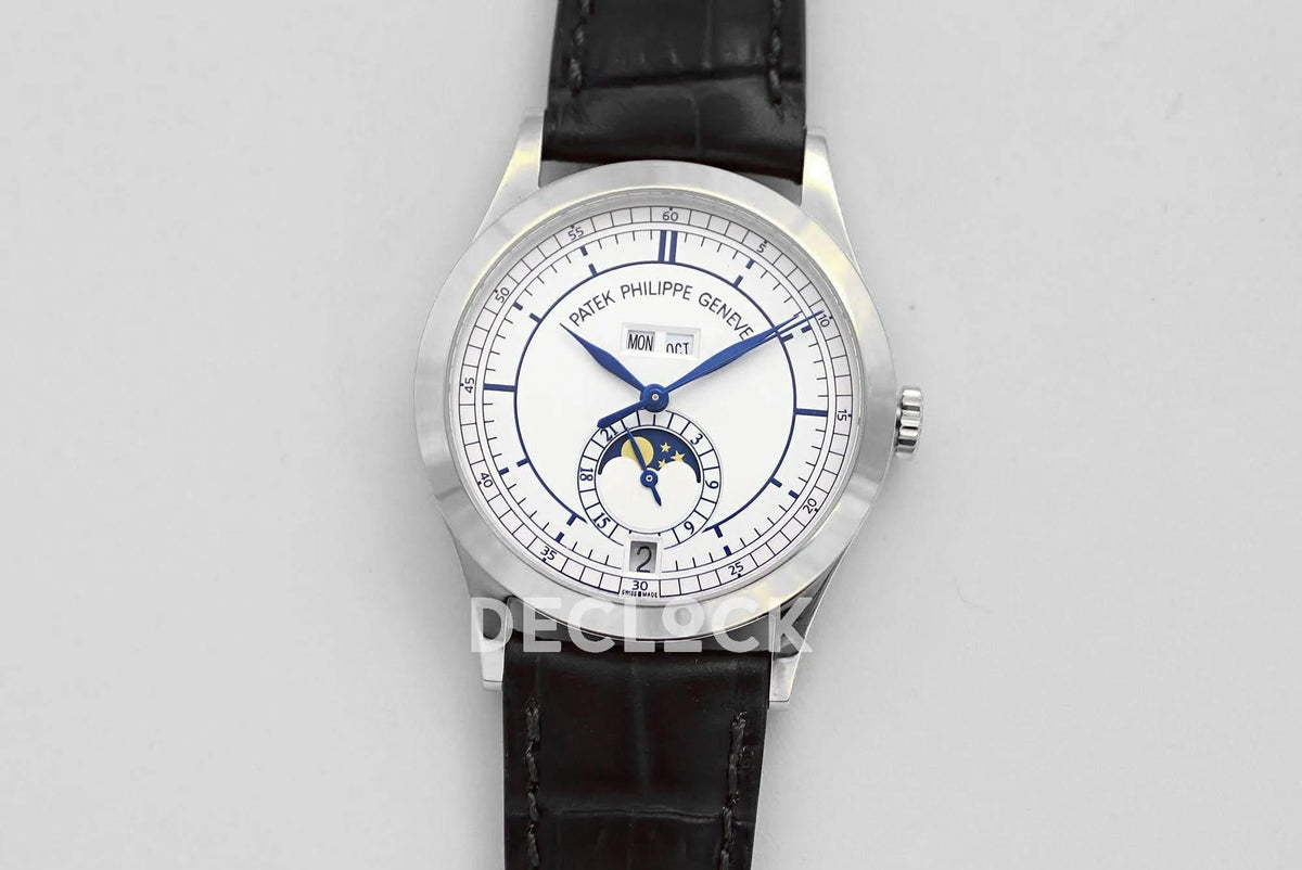 Replica Pattek Philippe Annual Calendar Moonphase 5396 White/Blue Dial on Black Leather Strap |  Declock.