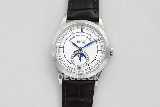 Replica Pattek Philippe Annual Calendar Moonphase 5396 White/Blue Dial on Black Leather Strap |  Declock.
