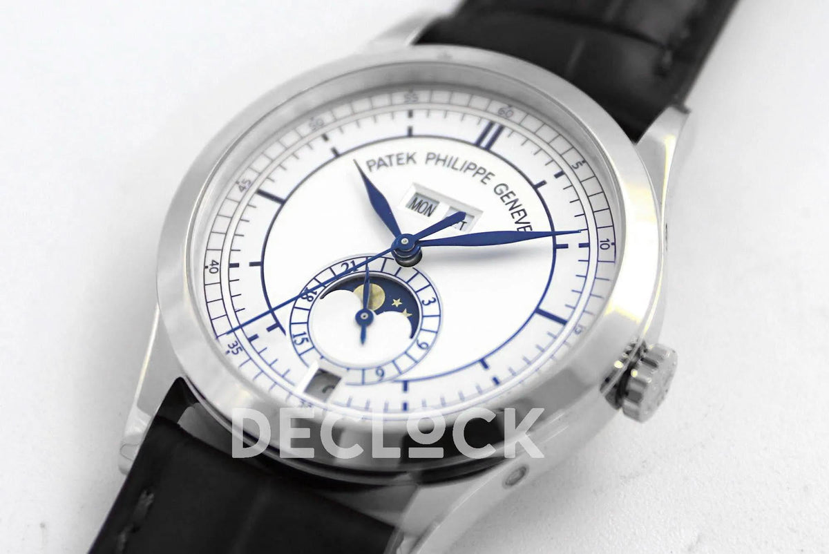 Replica Pattek Philippe Annual Calendar Moonphase 5396 White/Blue Dial on Black Leather Strap |  Declock.