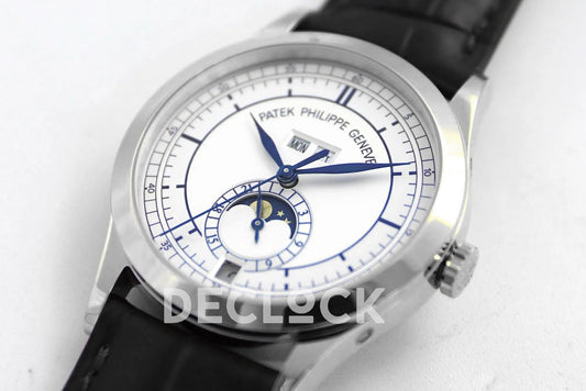 Replica Pattek Philippe Annual Calendar Moonphase 5396 White/Blue Dial on Black Leather Strap |  Declock.