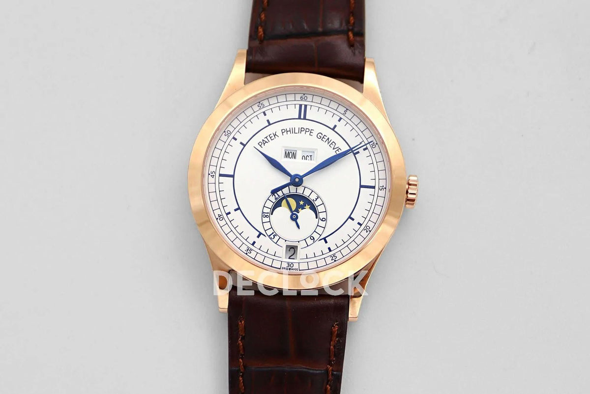 Replica Pattek Philippe Annual Calendar Moonphase 5396 White/Blue Dial on Brown Leather Strap |  Declock.