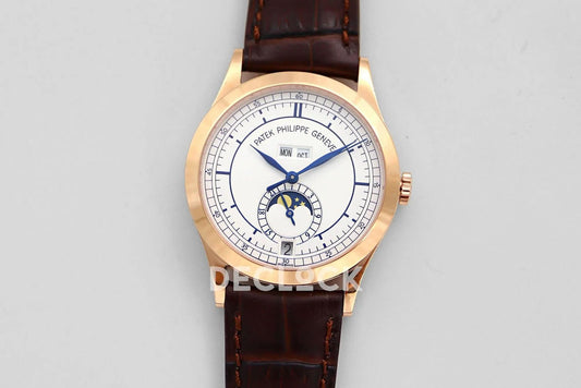 Replica Pattek Philippe Annual Calendar Moonphase 5396 White/Blue Dial on Brown Leather Strap | Declock.
