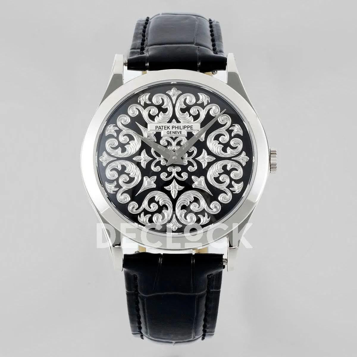 Replica Pattek Philippe Calatrava 5088 Steel Black Dial on Black Leather Strap |  Declock.