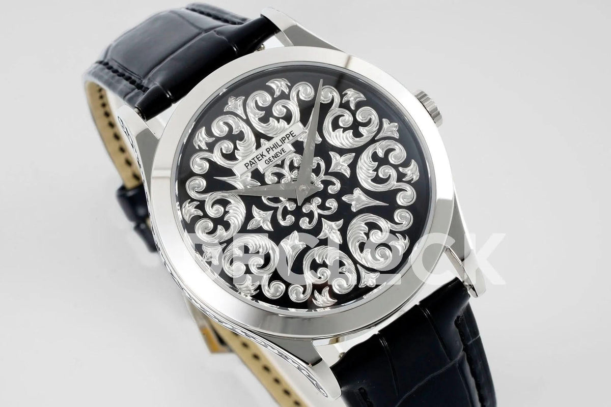 Replica Pattek Philippe Calatrava 5088 Steel Black Dial on Black Leather Strap |  Declock.
