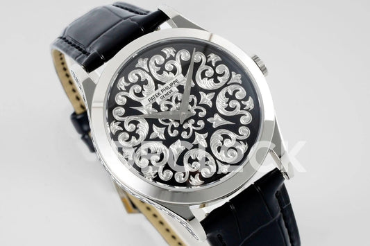 Replica Pattek Philippe Calatrava 5088 Steel Black Dial on Black Leather Strap |  Declock.