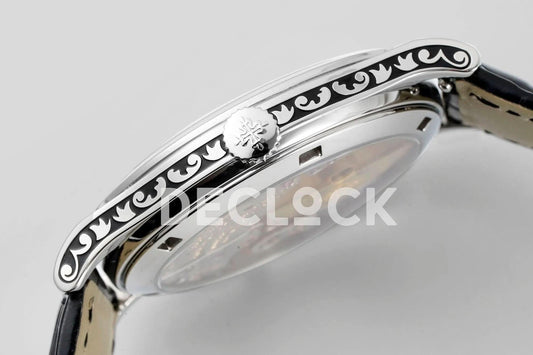 Replica Pattek Philippe Calatrava 5088 Steel Black Dial on Black Leather Strap | Declock.