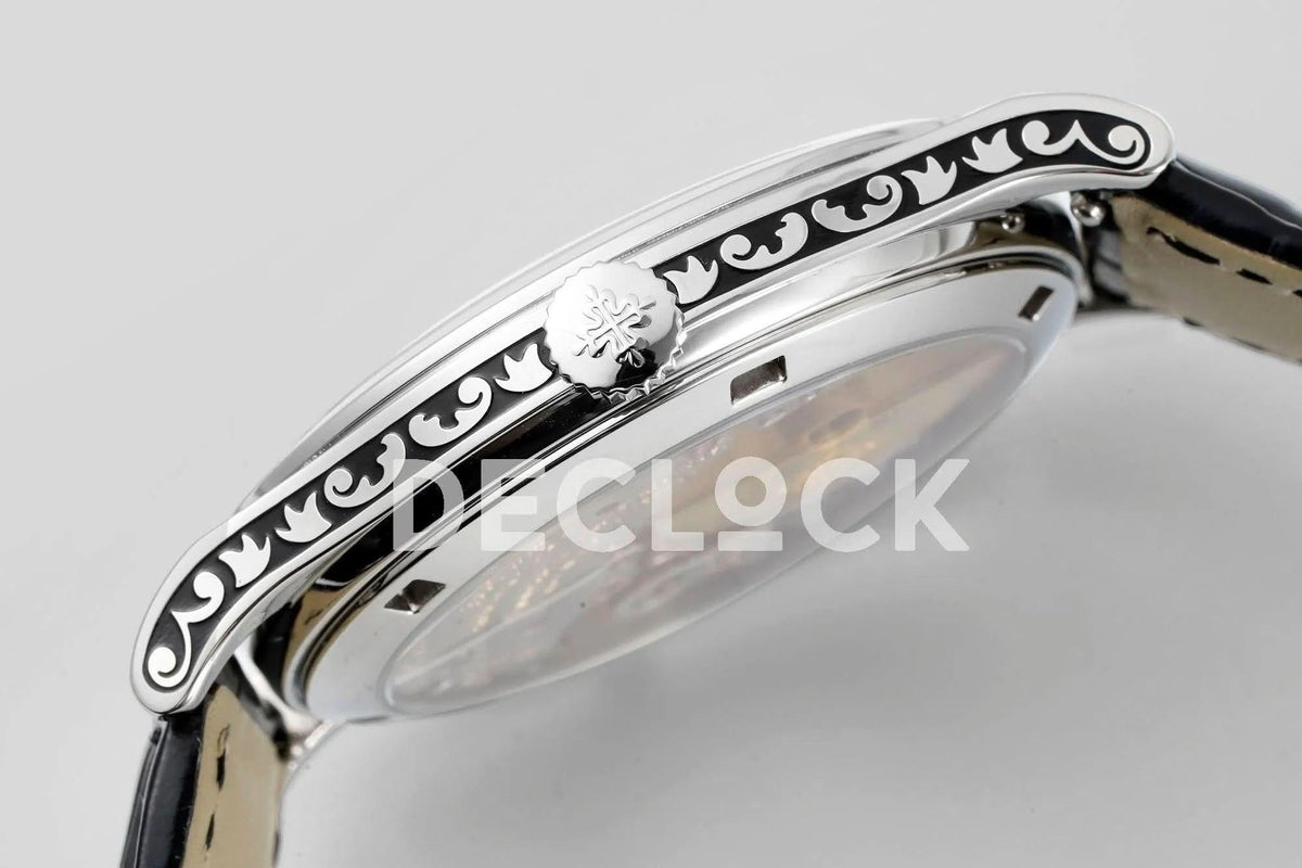 Replica Pattek Philippe Calatrava 5088 Steel Black Dial on Black Leather Strap |  Declock.