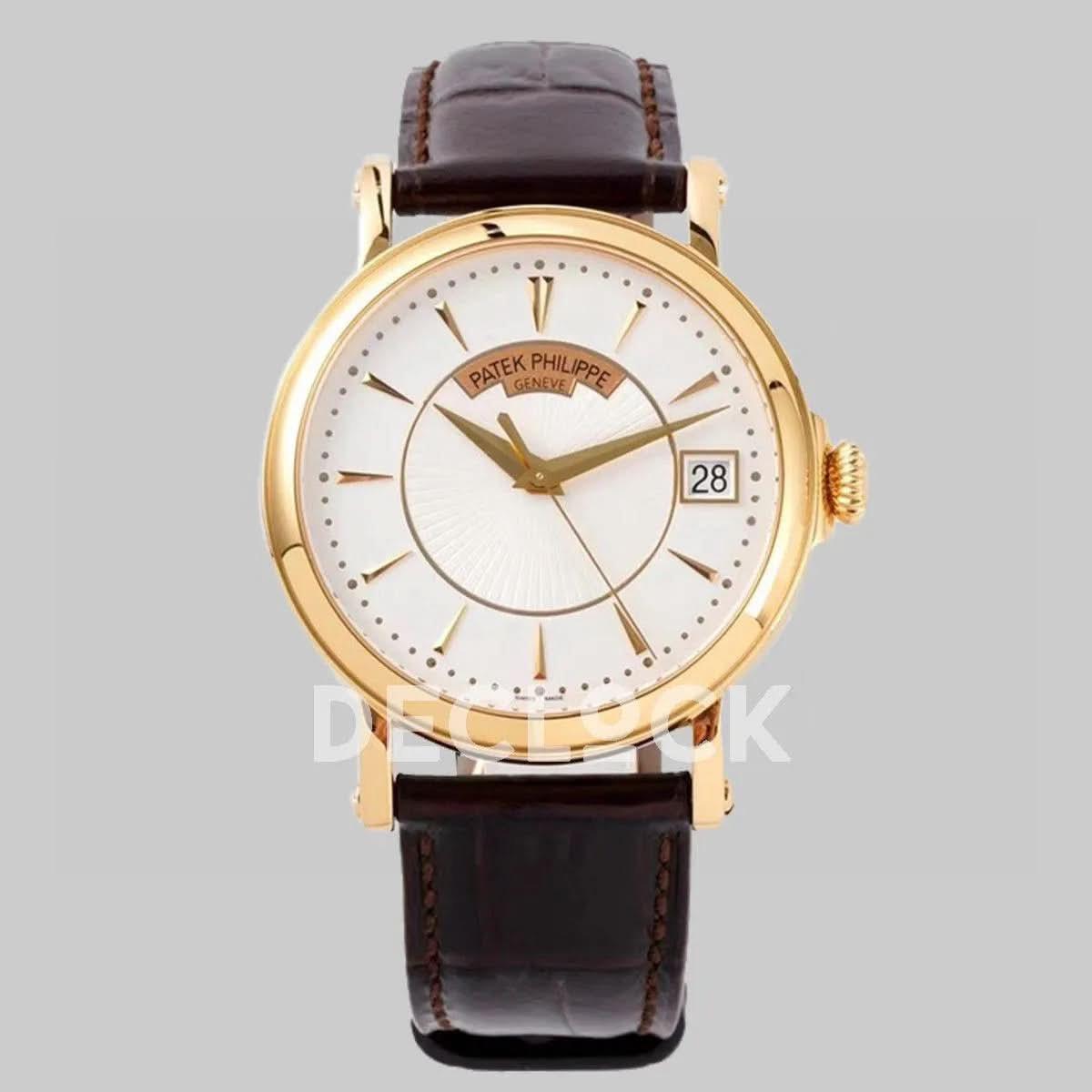 Replica Pattek Philippe Calatrava 5153 Rose Gold White Dial on Brown Leather Strap |  Declock.