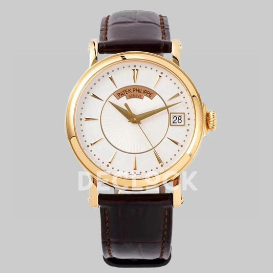 Replica Pattek Philippe Calatrava 5153 Rose Gold White Dial on Brown Leather Strap |  Declock.