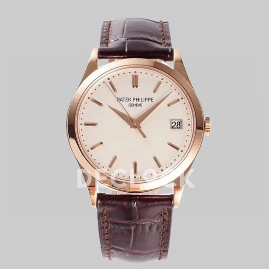 Replica Pattek Philippe Calatrava 5227 Rose Gold White Dial on Brown Leather Strap | Declock.