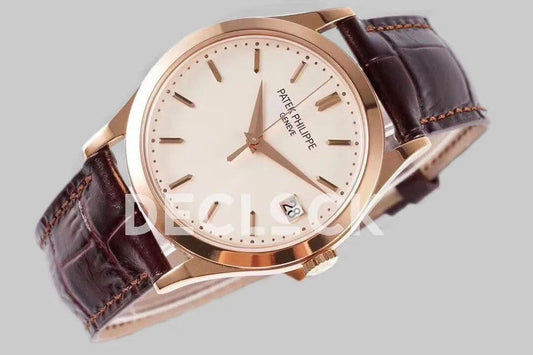 Replica Pattek Philippe Calatrava 5227 Rose Gold White Dial on Brown Leather Strap |  Declock.