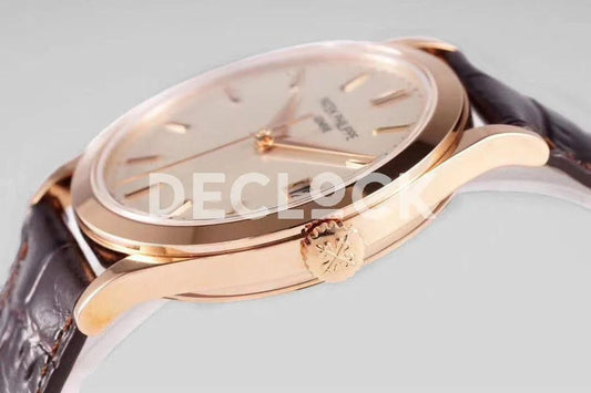 Replica Pattek Philippe Calatrava 5227 Rose Gold White Dial on Brown Leather Strap | Declock.