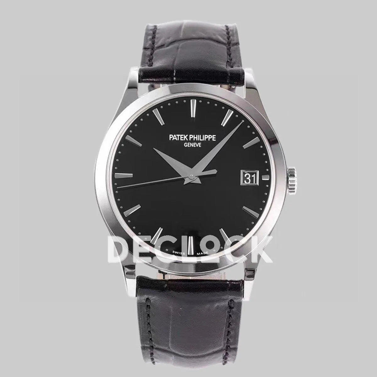 Replica Pattek Philippe Calatrava 5227 Steel Black Dial on Black Leather Strap