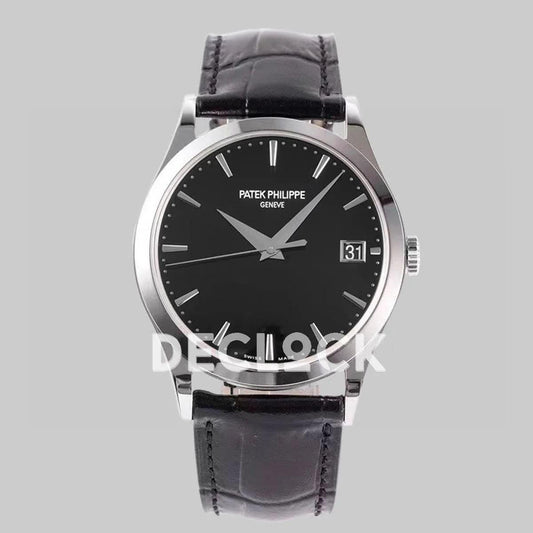 Replica Pattek Philippe Calatrava 5227 Steel Black Dial on Black Leather Strap | Declock.
