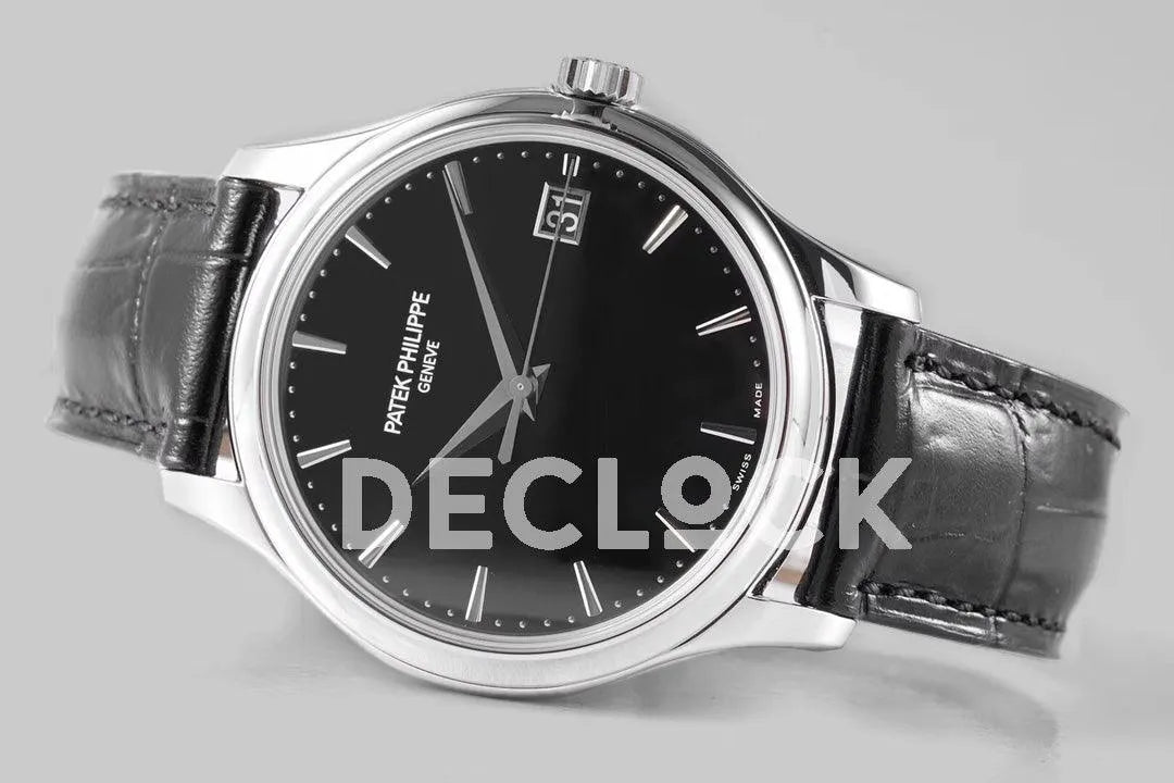 Replica Pattek Philippe Calatrava 5227 Steel Black Dial on Black Leather Strap