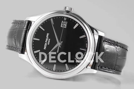 Replica Pattek Philippe Calatrava 5227 Steel Black Dial on Black Leather Strap | Declock.