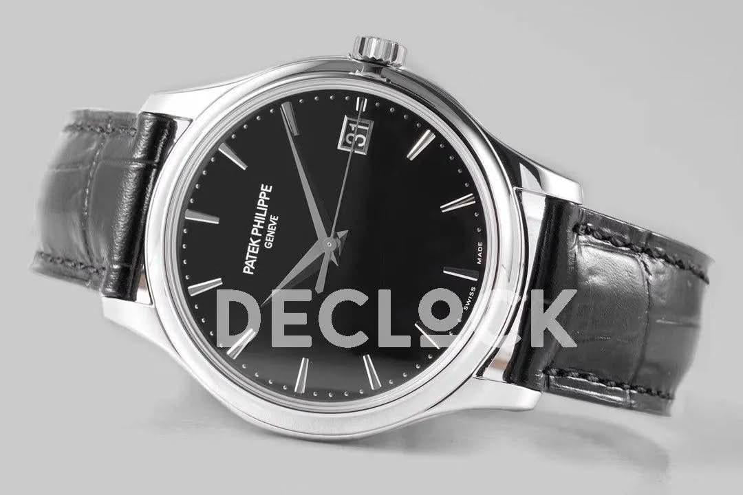 Replica Pattek Philippe Calatrava 5227 Steel Black Dial on Black Leather Strap |  Declock.