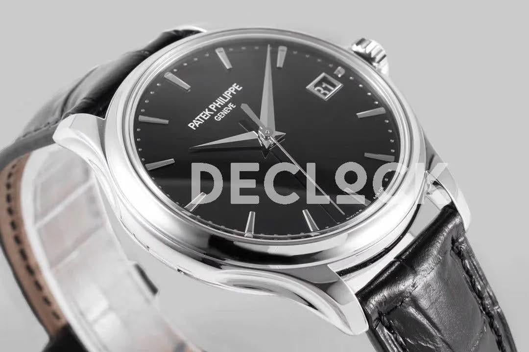Replica Pattek Philippe Calatrava 5227 Steel Black Dial on Black Leather Strap |  Declock.