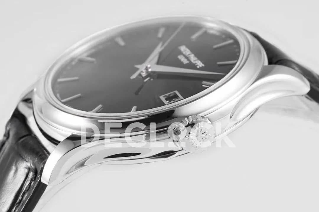 Replica Pattek Philippe Calatrava 5227 Steel Black Dial on Black Leather Strap |  Declock.