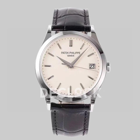 Replica Pattek Philippe Calatrava 5227 Steel White Dial on Black Leather Strap | Declock.