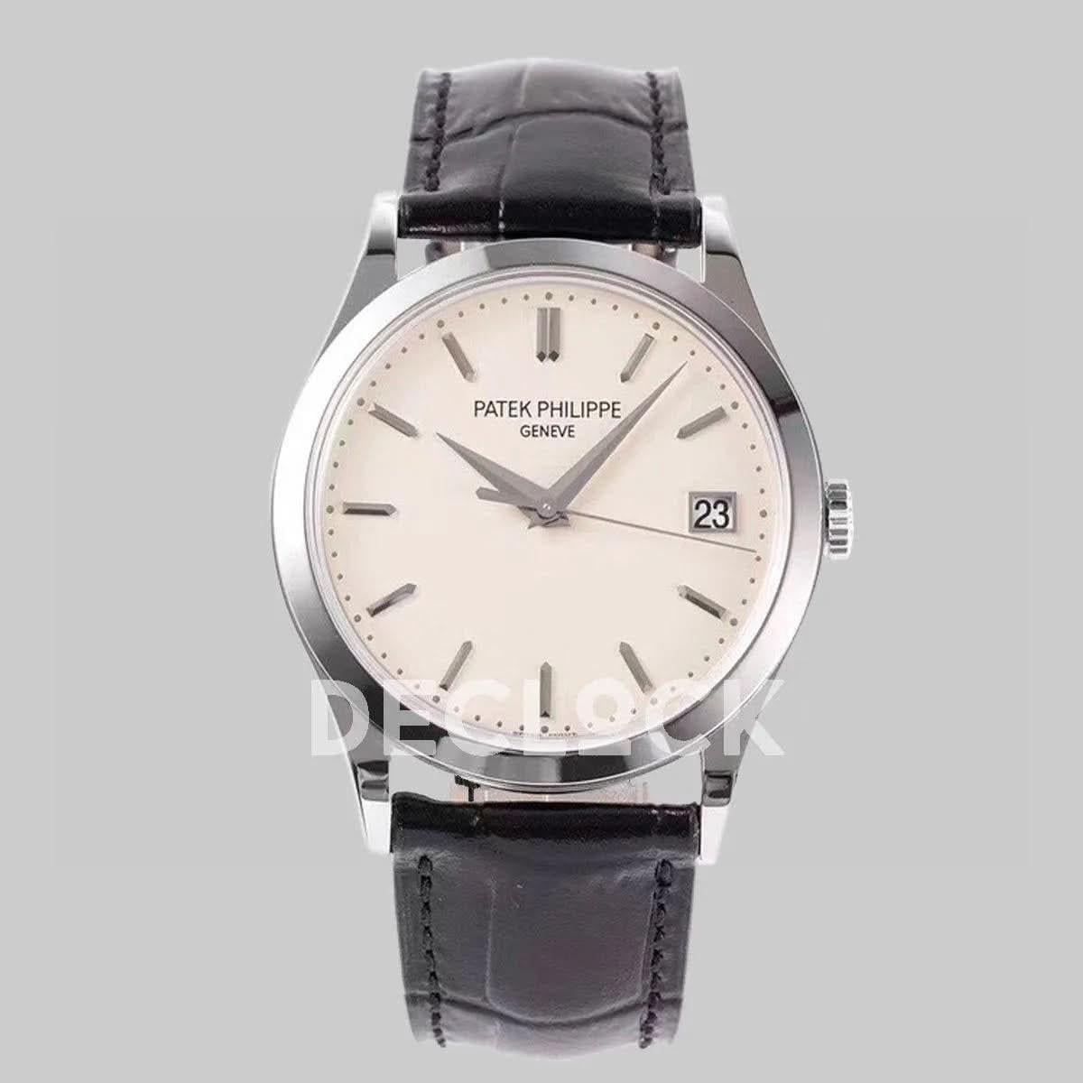 Replica Pattek Philippe Calatrava 5227 Steel White Dial on Black Leather Strap |  Declock.