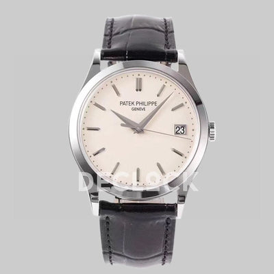 Replica Pattek Philippe Calatrava 5227 Steel White Dial on Black Leather Strap