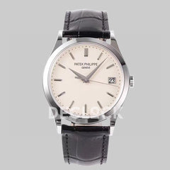 Replica Pattek Philippe Calatrava 5227 Steel White Dial on Black Leather Strap