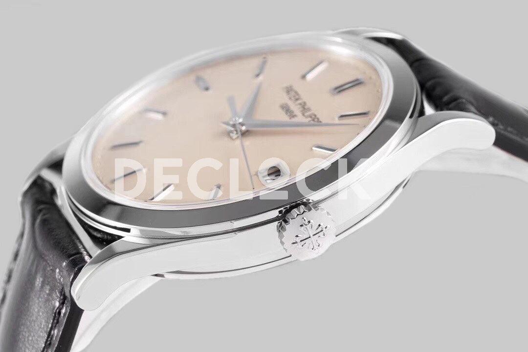 Replica Pattek Philippe Calatrava 5227 Steel White Dial on Black Leather Strap - Replica Watches