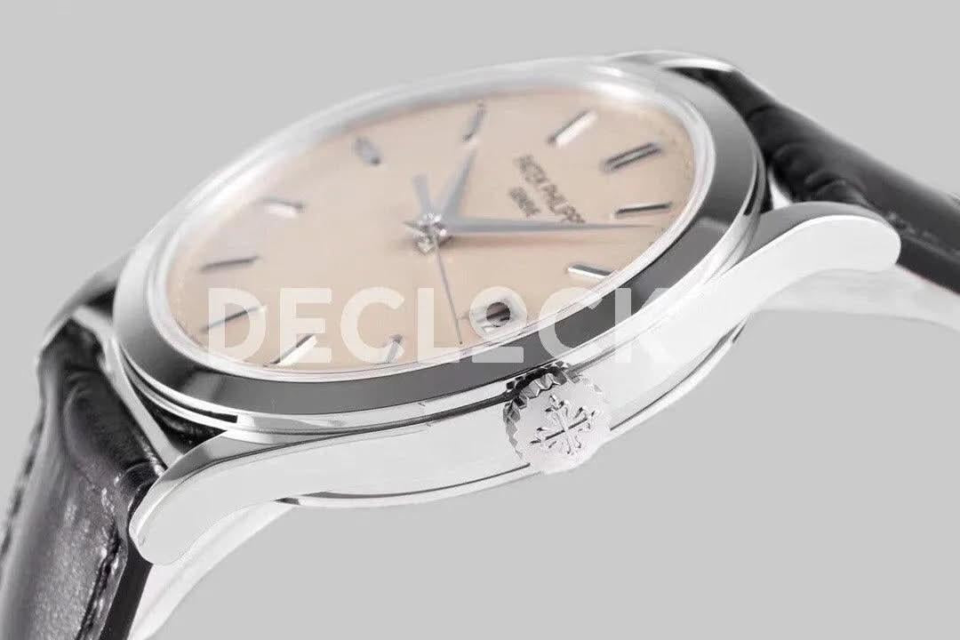 Replica Pattek Philippe Calatrava 5227 Steel White Dial on Black Leather Strap |  Declock.