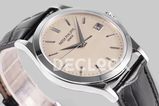 Replica Pattek Philippe Calatrava 5227 Steel White Dial on Black Leather Strap | Declock.