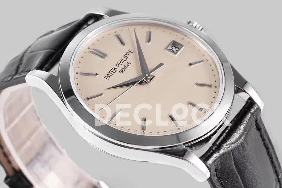 Replica Pattek Philippe Calatrava 5227 Steel White Dial on Black Leather Strap |  Declock.