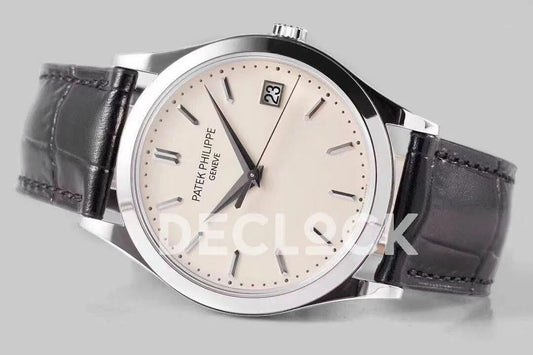 Replica Pattek Philippe Calatrava 5227 Steel White Dial on Black Leather Strap | Declock.