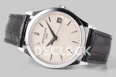 Replica Pattek Philippe Calatrava 5227 Steel White Dial on Black Leather Strap