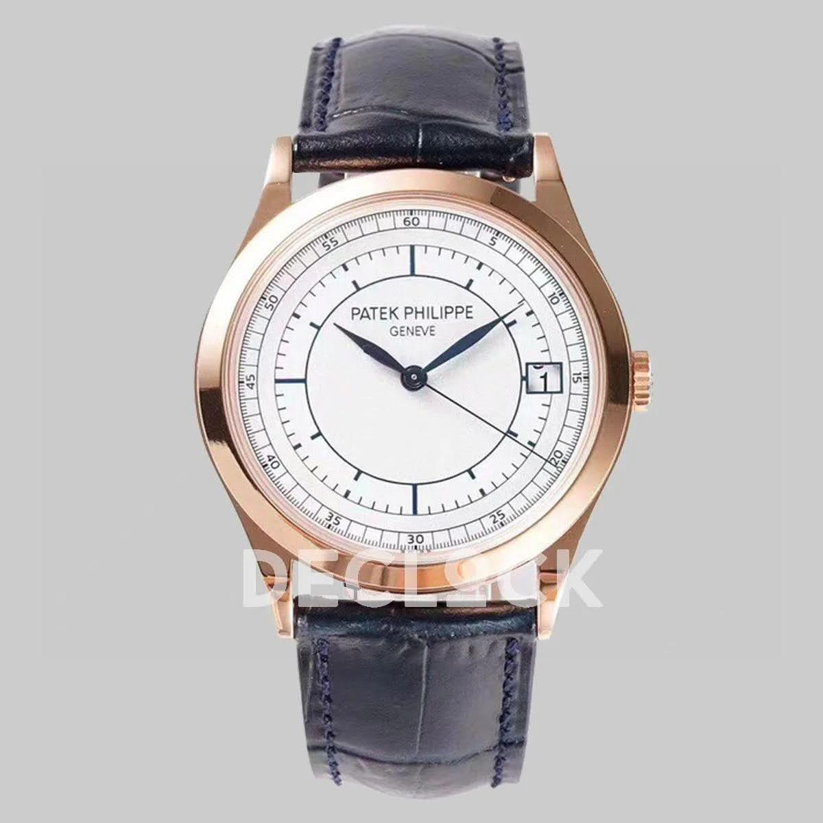 Replica Pattek Philippe Calatrava 5296 Rose Gold White Dial on Blue Leather Strap |  Declock.