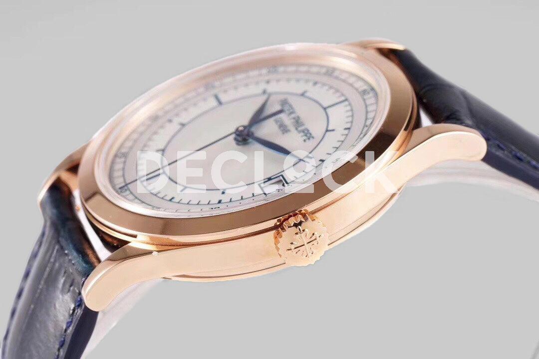 Replica Pattek Philippe Calatrava 5296 Rose Gold White Dial on Blue Leather Strap - Replica Watches