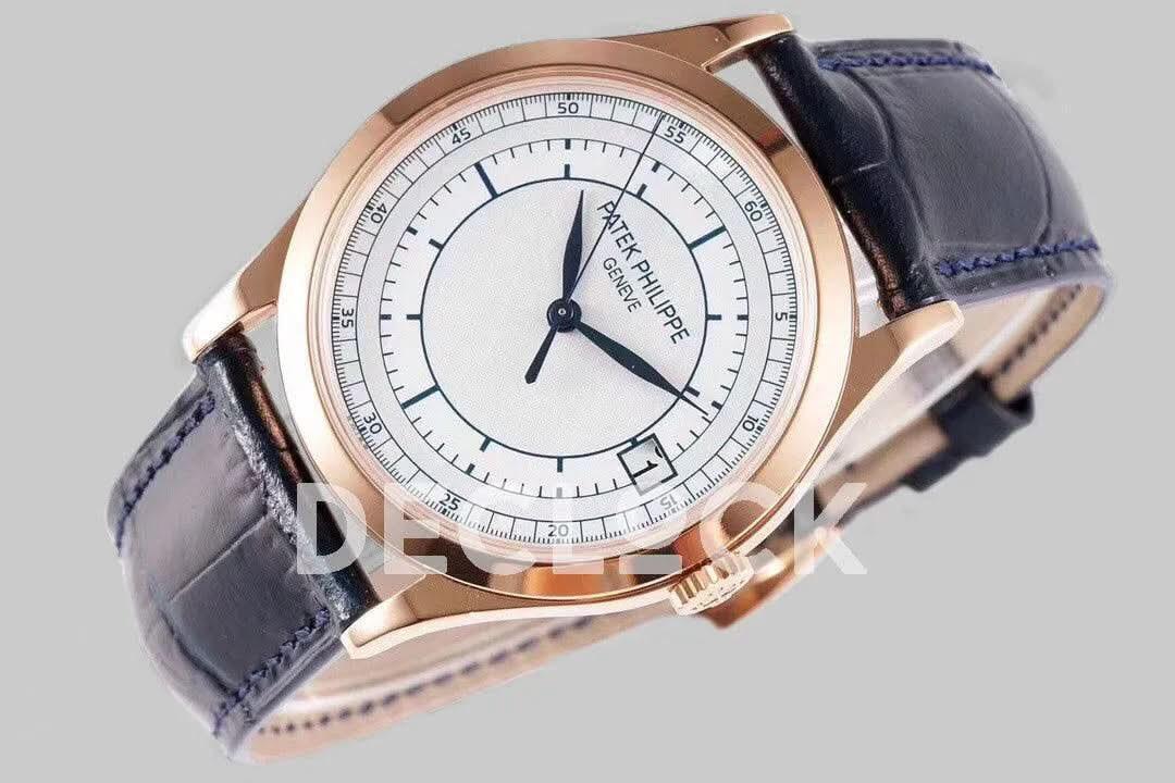 Replica Pattek Philippe Calatrava 5296 Rose Gold White Dial on Blue Leather Strap |  Declock.