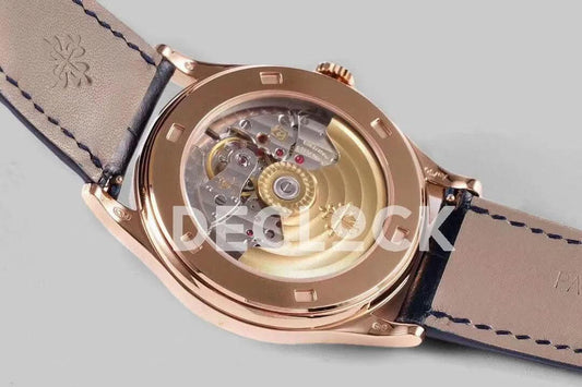 Replica Pattek Philippe Calatrava 5296 Rose Gold White Dial on Blue Leather Strap | Declock.