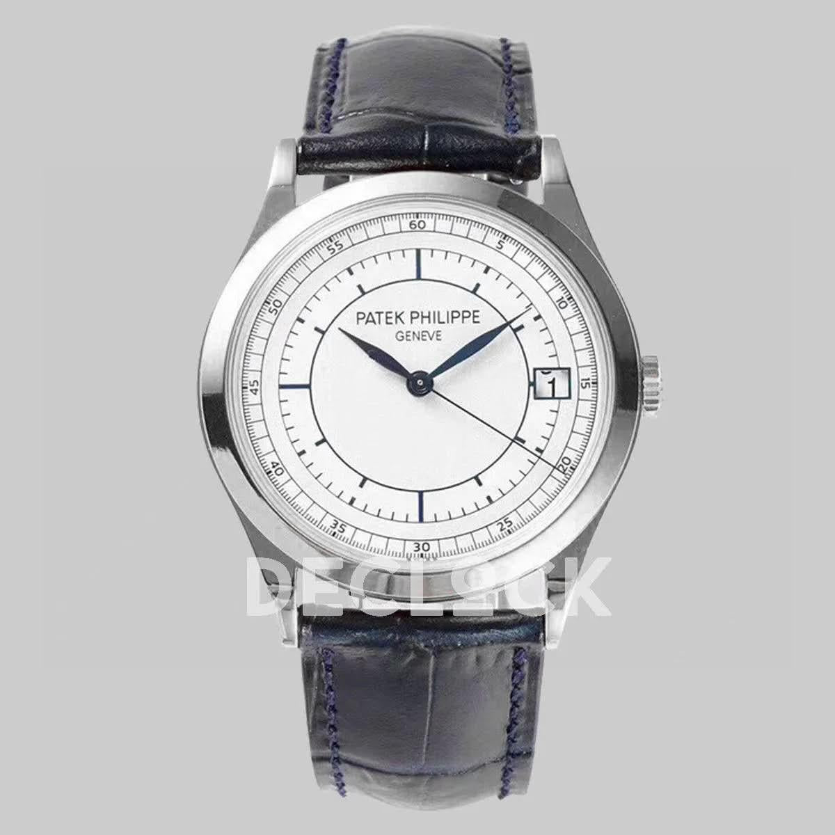 Replica Pattek Philippe Calatrava 5296 Steel White Dial on Blue Leather Strap |  Declock.