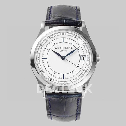 Replica Pattek Philippe Calatrava 5296 Steel White Dial on Blue Leather Strap | Declock.