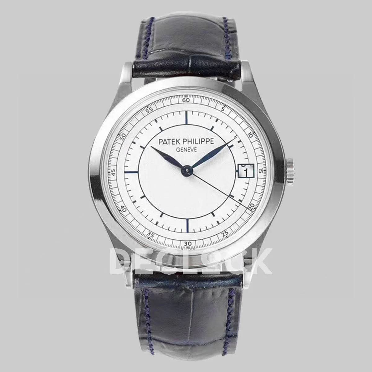 Replica Pattek Philippe Calatrava 5296 Steel White Dial on Blue Leather Strap