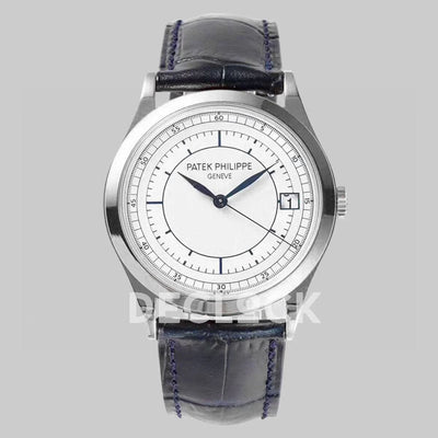 Replica Pattek Philippe Calatrava 5296 Steel White Dial on Blue Leather Strap