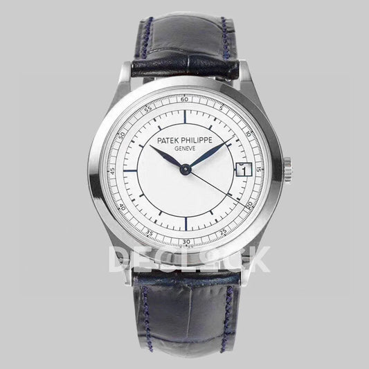 Replica Pattek Philippe Calatrava 5296 Steel White Dial on Blue Leather Strap - Replica Watches