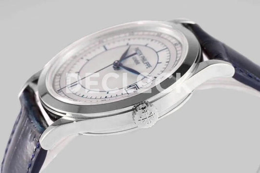 Replica Pattek Philippe Calatrava 5296 Steel White Dial on Blue Leather Strap | Declock.
