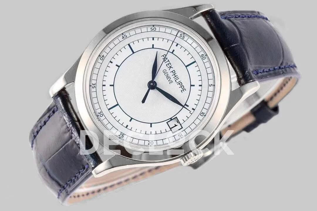 Replica Pattek Philippe Calatrava 5296 Steel White Dial on Blue Leather Strap |  Declock.