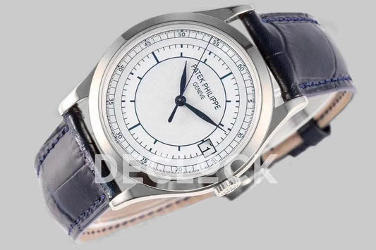 Replica Pattek Philippe Calatrava 5296 Steel White Dial on Blue Leather Strap | Declock.